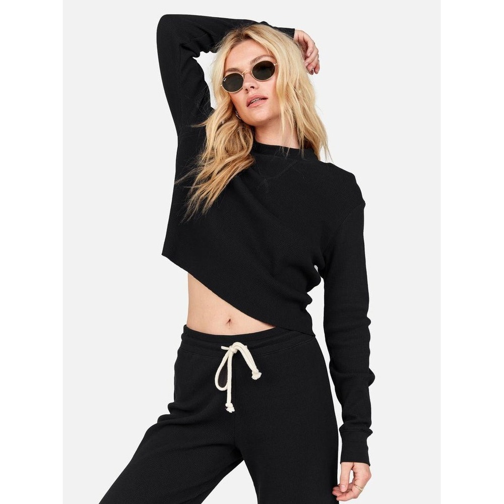 MATE the Label Cropped Thermal Women Small Black Waffle Knit Long Sleeve Top